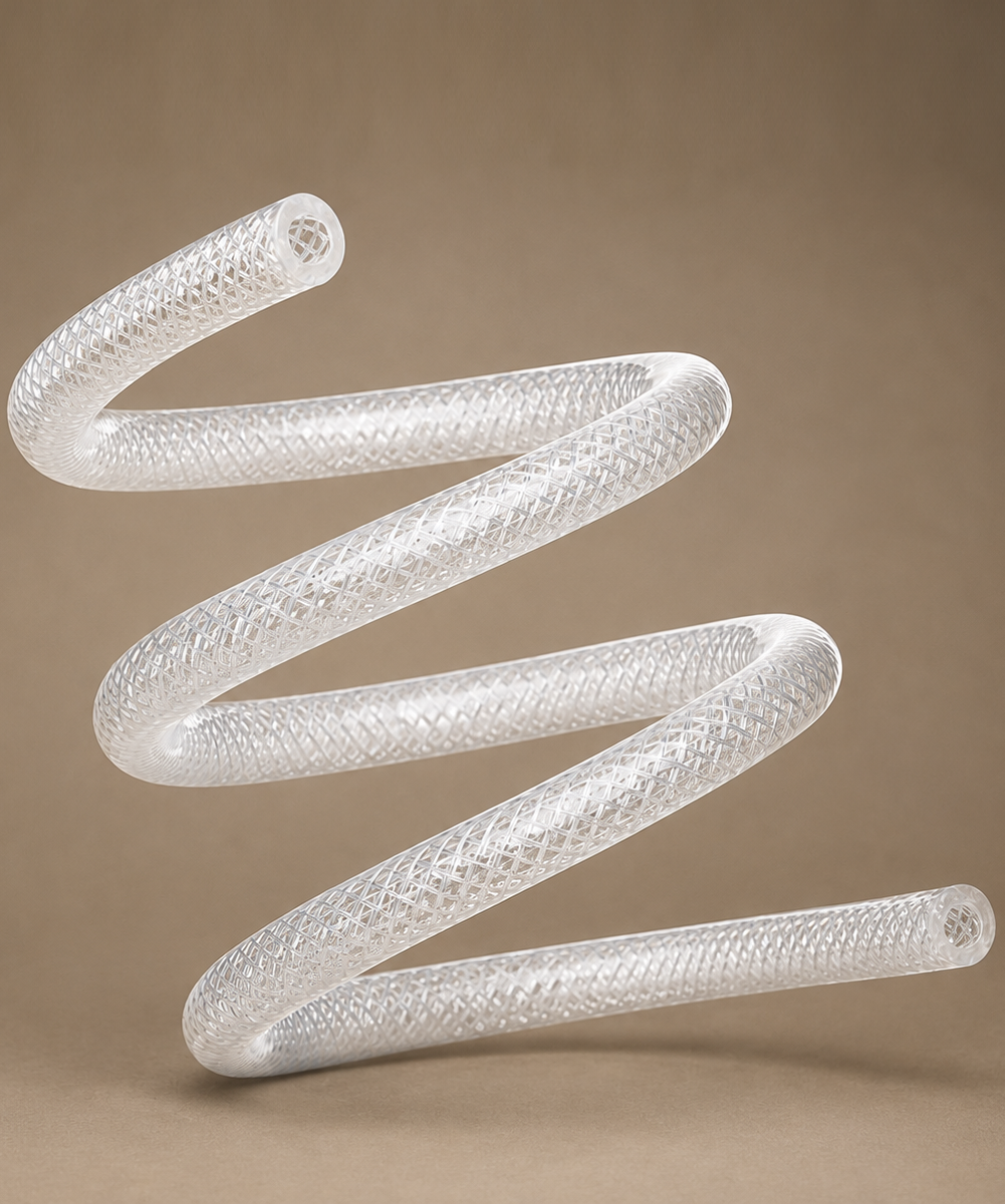 Clear flexible tubing braided with a diamond pattern, coiled in a spring-like shape against a beige background.