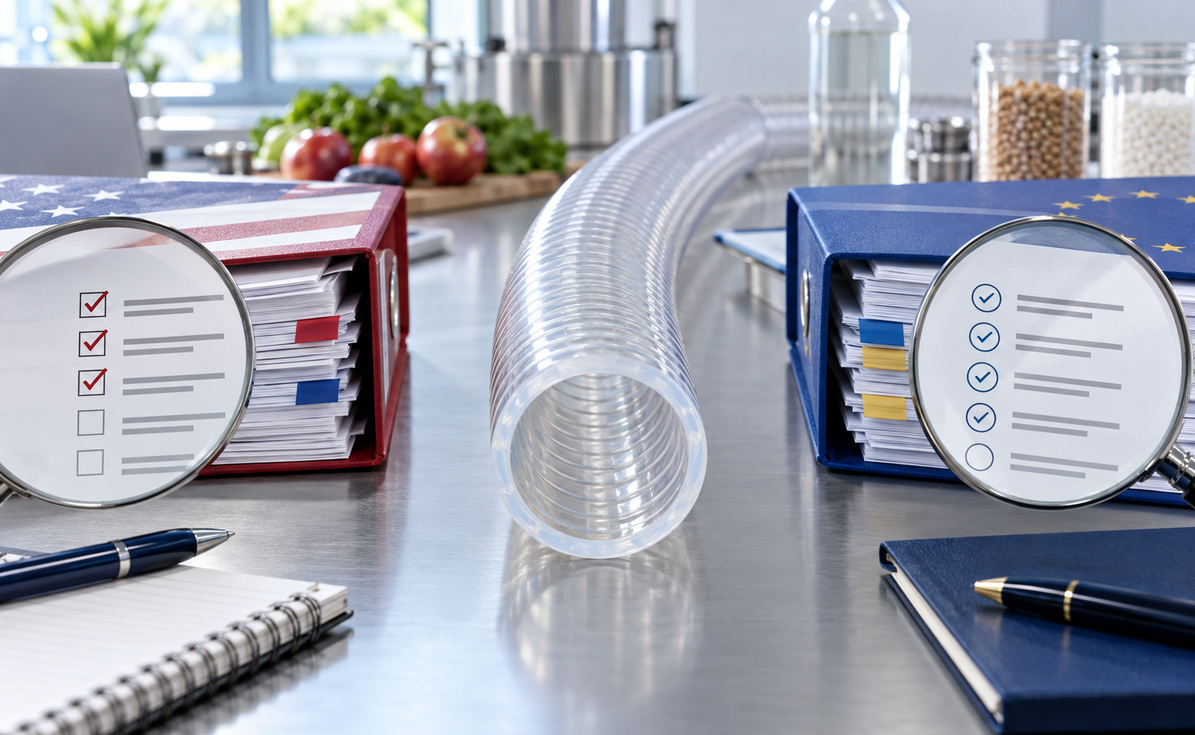 Red and blue binders with checklists under magnifying glasses on a stainless lab bench