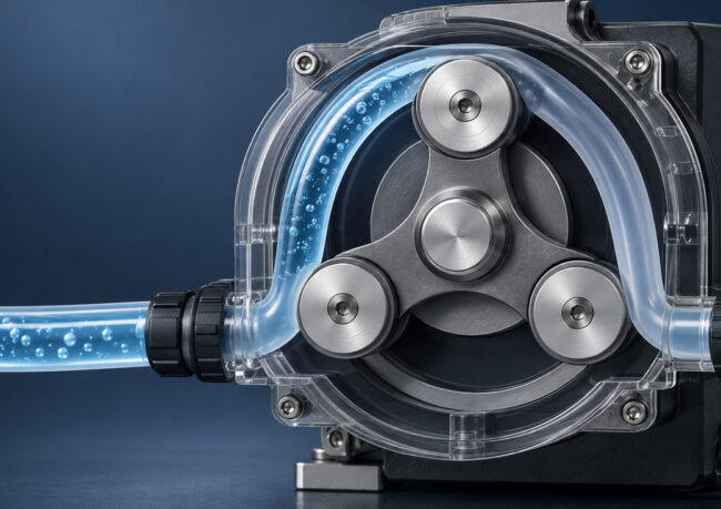 Close-up of a clear-casing rotary pump with three metal rollers and blue liquid-filled tubing looping through the mechanism