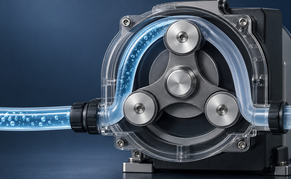 Close-up of a clear-casing rotary pump with three metal rollers and blue liquid-filled tubing looping through the mechanism