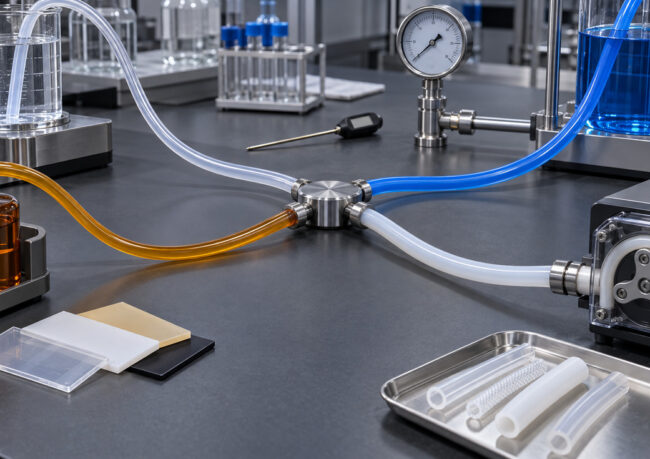 Laboratory bench with interconnected clear and colored tubing, metal fittings, and a pressure gauge in the background.
