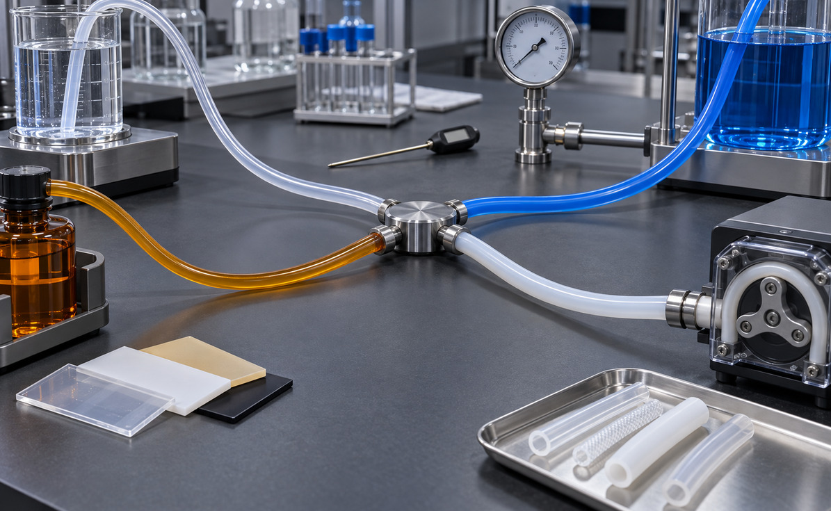 Laboratory bench with interconnected clear and colored tubing, metal fittings, and a pressure gauge in the background.