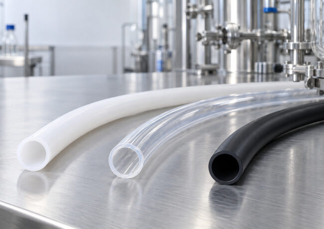Three flexible tubing hoses—white, clear, and black—lie on a stainless steel bench in a processing facility.