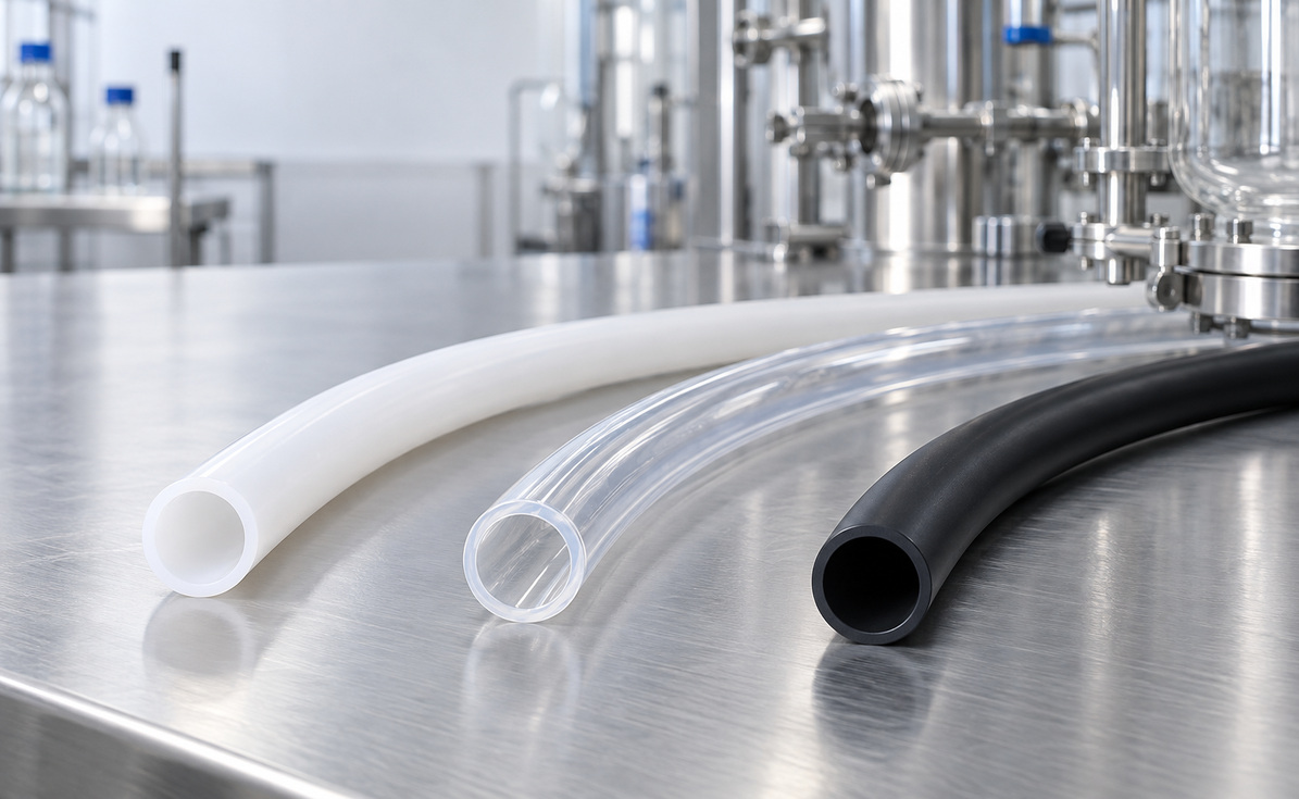 Three flexible tubing hoses—white, clear, and black—lie on a stainless steel bench in a processing facility.