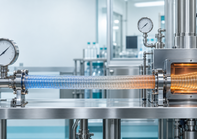 Industrial stainless steel processing line with gauges and a heated flexible coil tube transferring orange-hot liquid to a reactor chamber