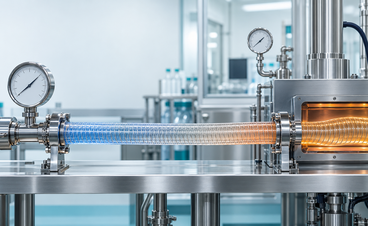 Industrial stainless steel processing line with gauges and a heated flexible coil tube transferring orange-hot liquid to a reactor chamber