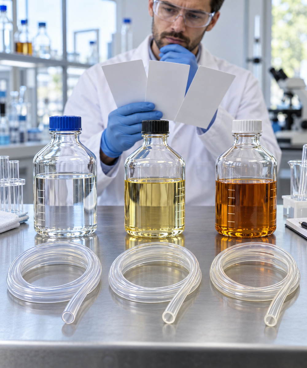 Lab scientist in safety gear examines three clear bottles with different colored liquids on a lab bench; flexible tubing in foreground.