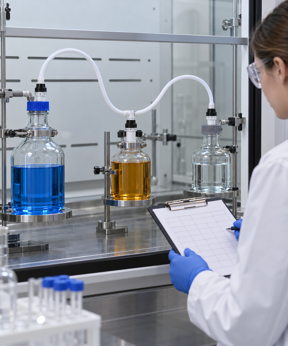 Scientist in safety gear holding a clipboard beside a triple-bottle chemical setup with blue and orange liquids in a lab.