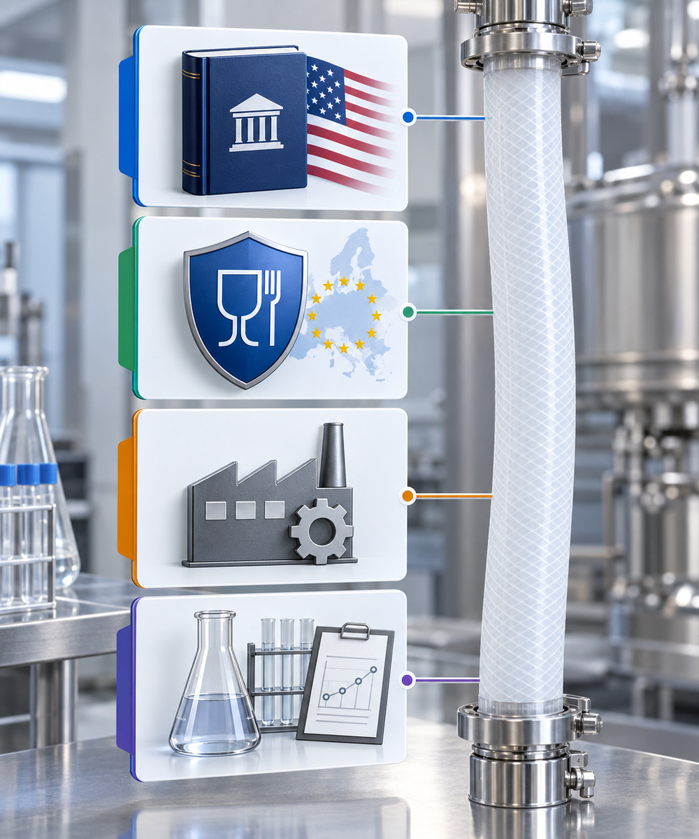 Vertical stack of four panels: government/building icon with US flag, EU safety shield, factory with gear, and lab equipment with a chart in an industrial setting.