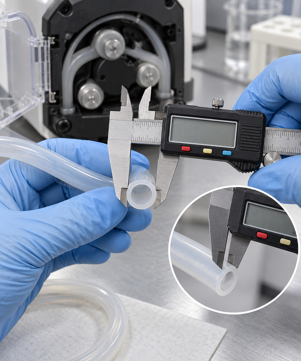 Gloved hands use a digital caliper to measure the outer diameter of a clear plastic tubing in a lab setting.