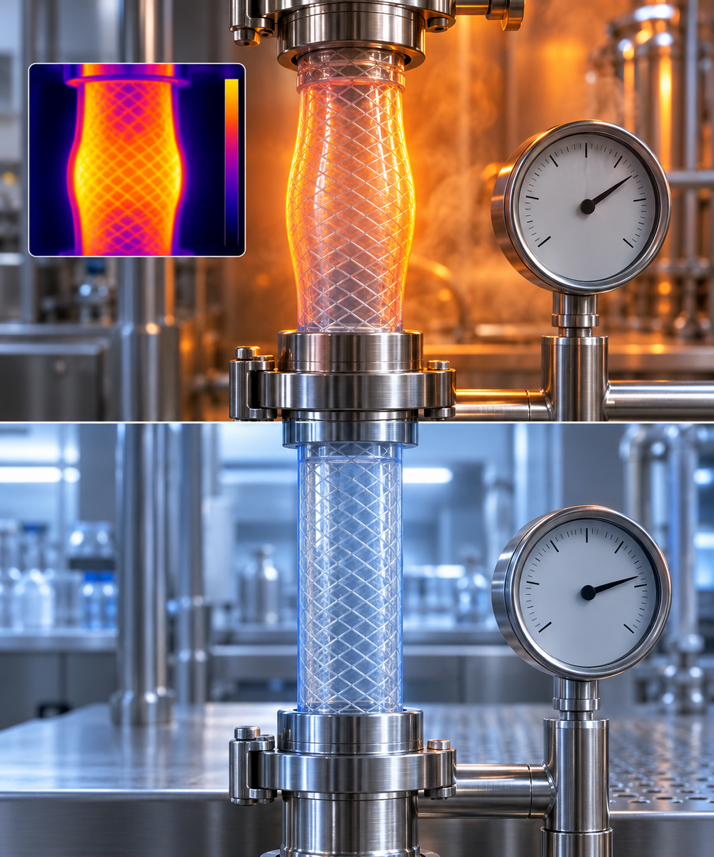 Industrial reactor with a glowing heated glass tube and a pressure gauge; infrared heat map inset on the left.