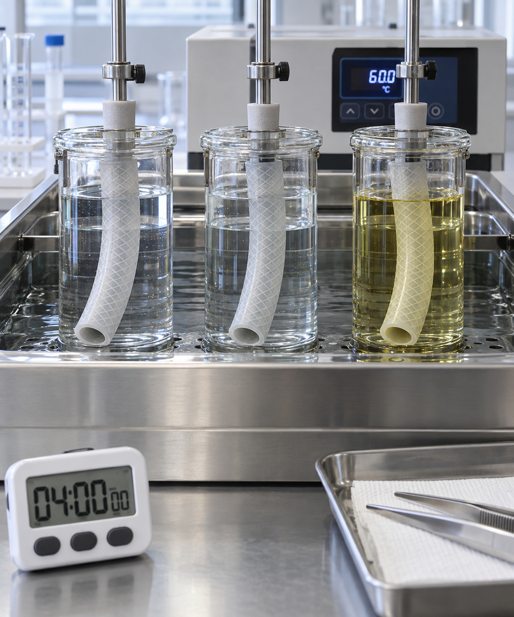 Three glass beakers with blue, clear, and yellow liquids held by vertical probes on a stainless lab bench, timer shows 04:00 at front