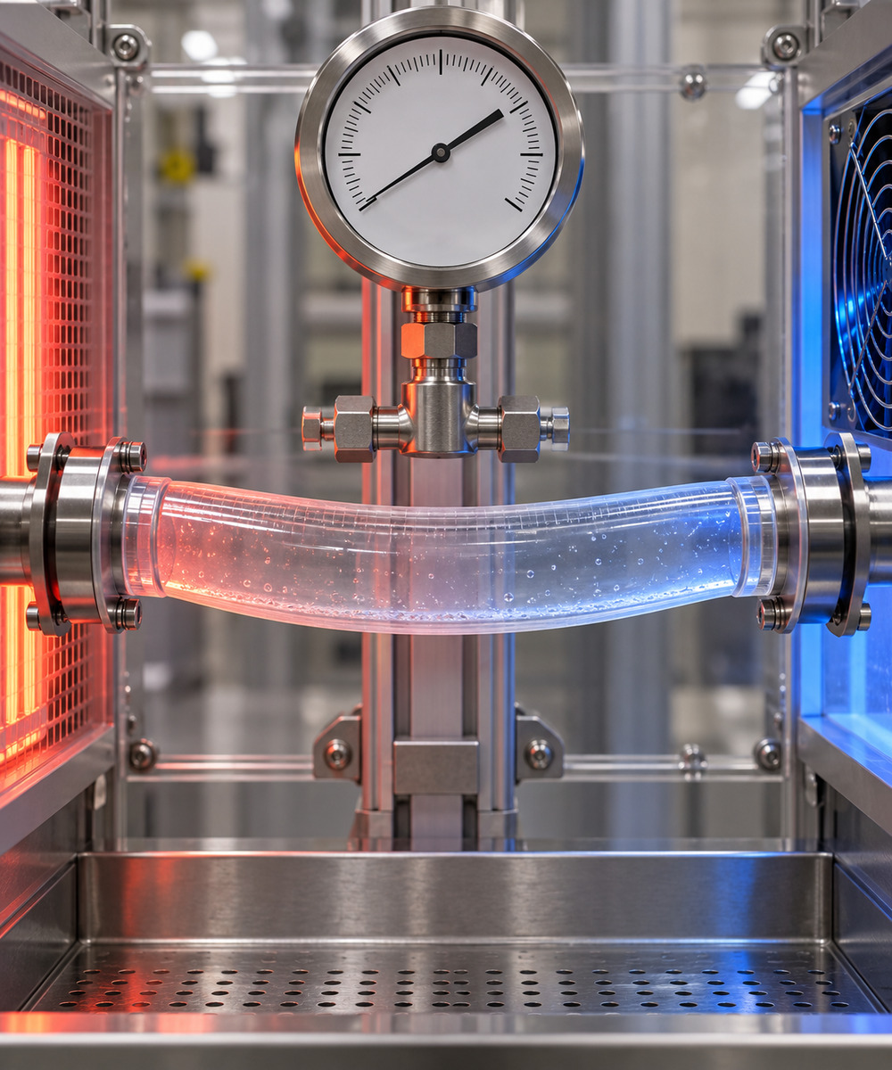 Industrial piping system with a central pressure gauge and red/blue illuminated tubes.