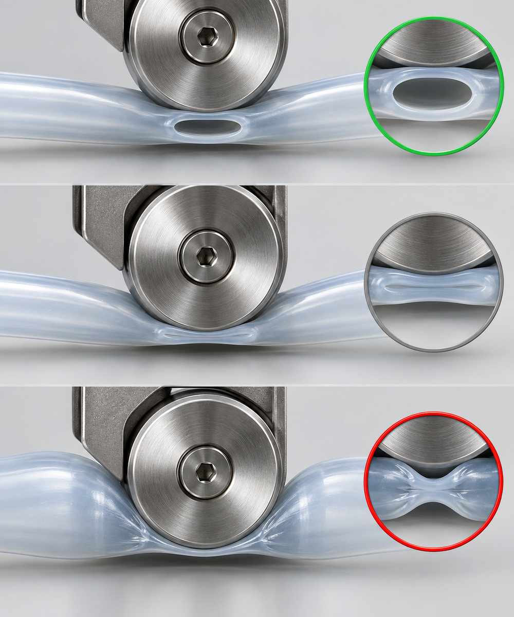 Three-panel sequence of a metal roller pressing a soft blue joint model, showing progressive indentation and a pinched, hourglass-shaped contact gap in the center inset on the right.