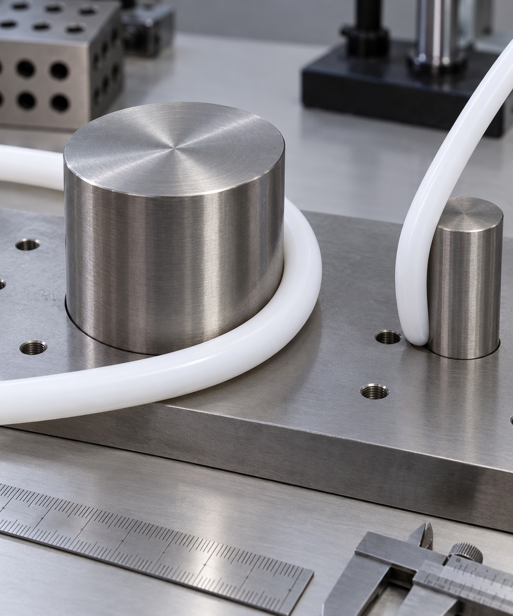 Large brushed stainless steel cylinder with a white hose looping around it on a metal worktable.