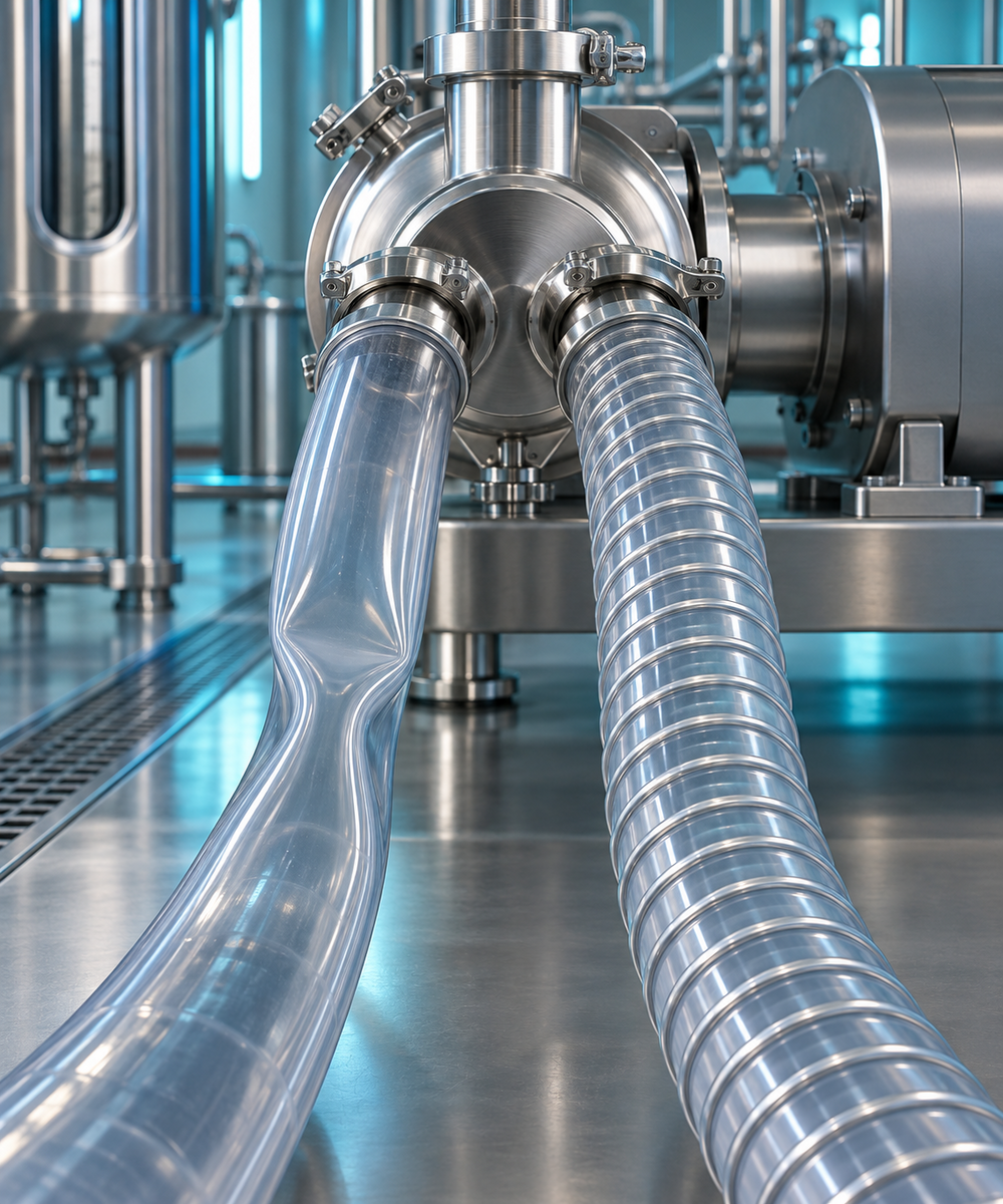 Stainless steel industrial processing equipment with two large hoses connected to a central valve in a clean facility.