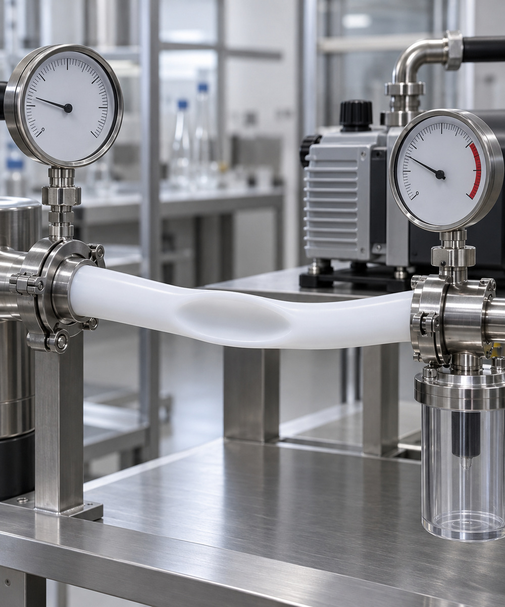 Industrial processing line with stainless steel pipes and gauges measuring pressure of a white flexible tube, in a lab setting.