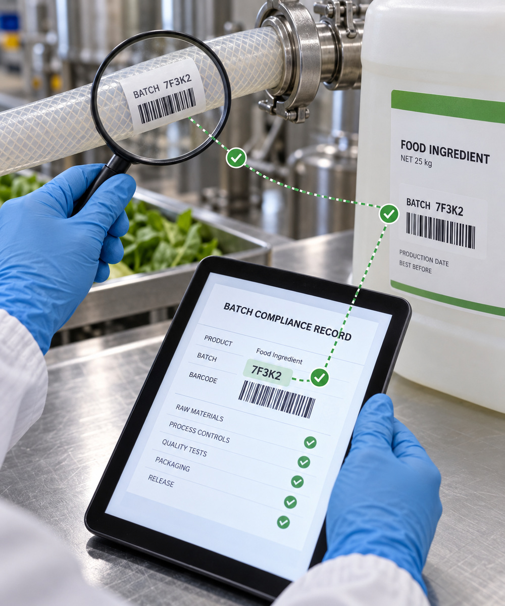 Quality control technician with blue gloves scans a barcode on a food ingredient bag using a tablet showing a batch compliance record in a factory setting.