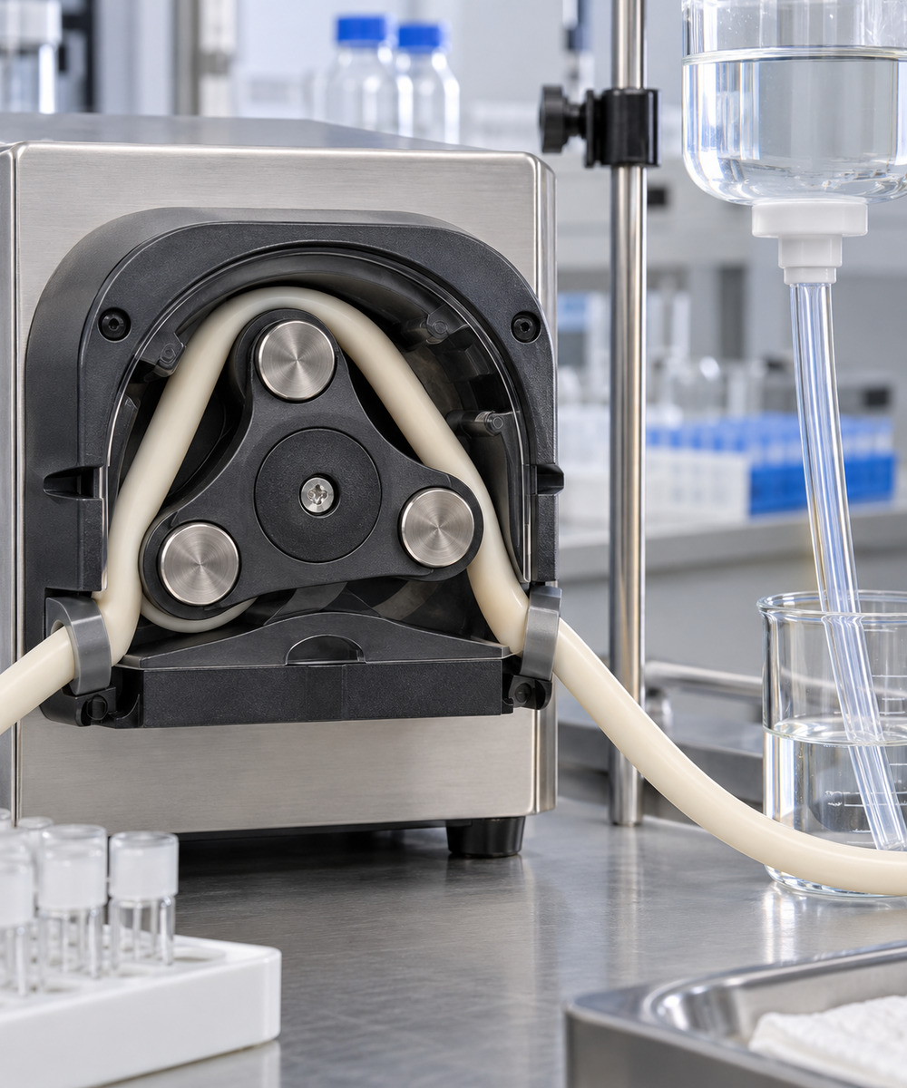 Close-up of a stainless steel benchtop peristaltic pump with beige tubing looping around rollers.