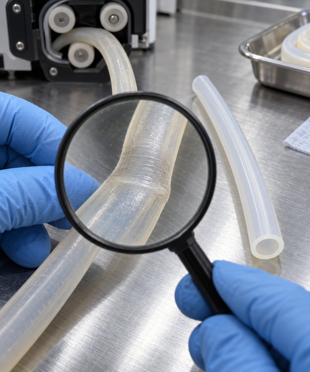 Gloved hands hold a magnifying glass to inspect a translucent plastic tube on a stainless steel lab bench.