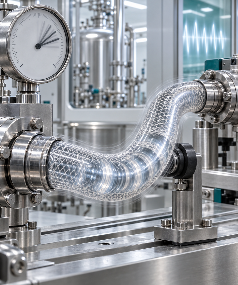 Flexible braided stainless-steel hose connects two fittings on an industrial hydraulic system in a stainless-steel lab setup.