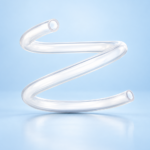 Transparent curved glass tube forming an S-shape on a light blue background.