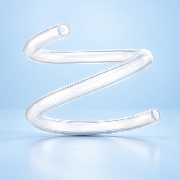 Transparent curved glass tube forming an S-shape on a light blue background.