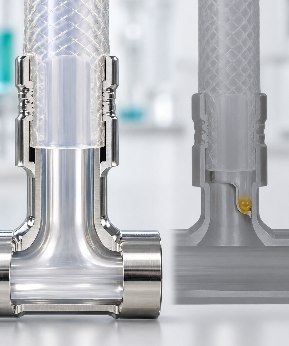 Cross‑sectional view of a high‑pressure hydraulic fitting with braided hose and seal, showing the fluid path inside the metal connector.