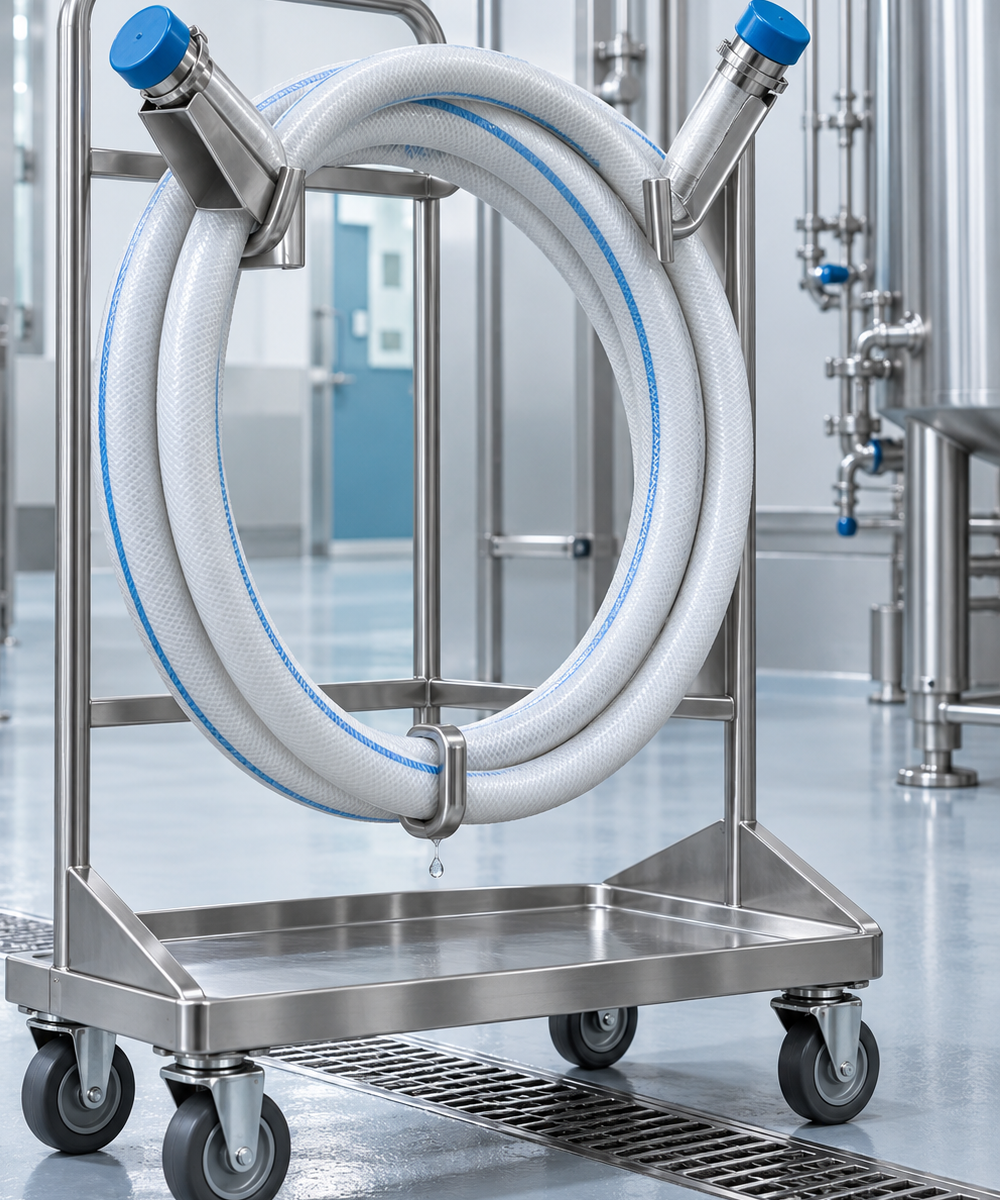 Stainless steel wheeled cart with coiled white hoses and blue caps in an industrial lab setting.