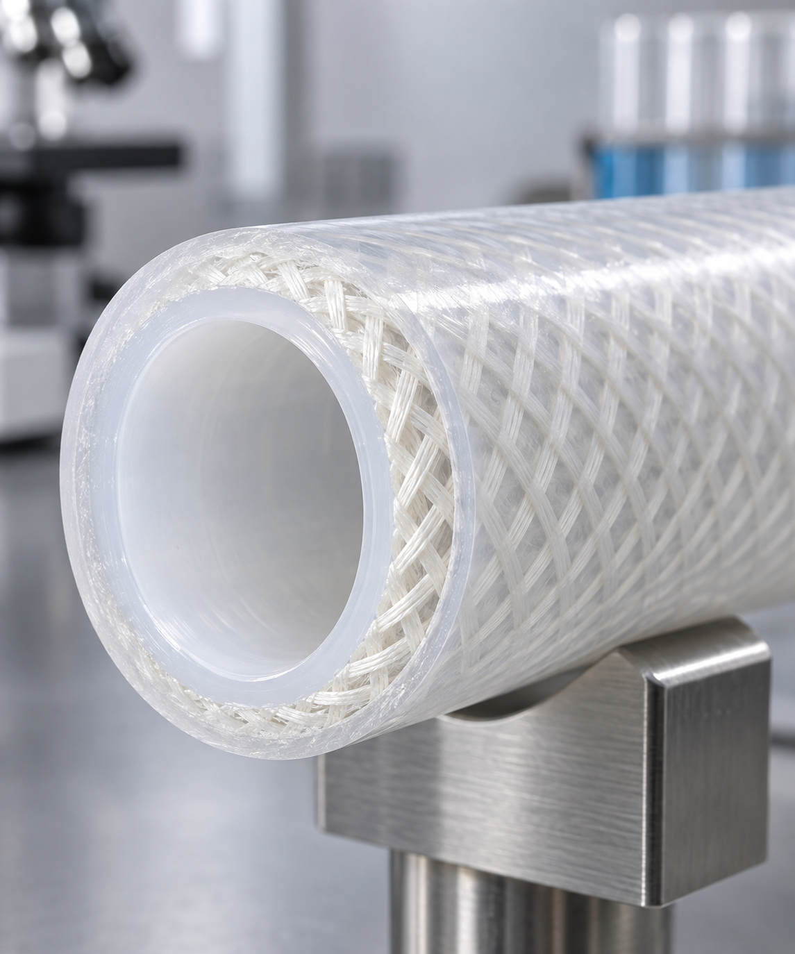 Roll of transparent braided plastic tubing mounted on a stainless steel stand in a lab setting.