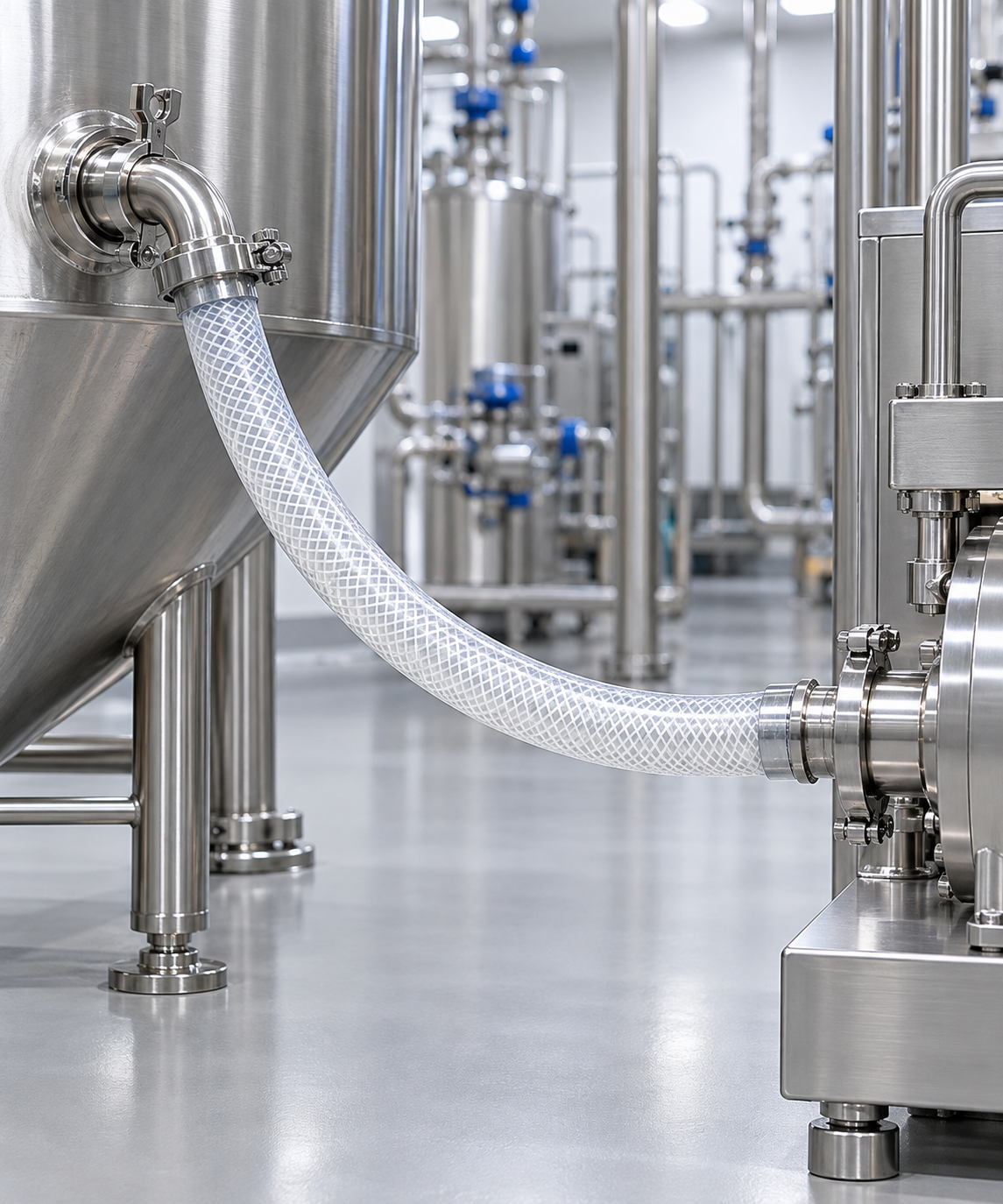 Industrial stainless steel processing plant with a flexible white braided hose connected to a large vessel.
