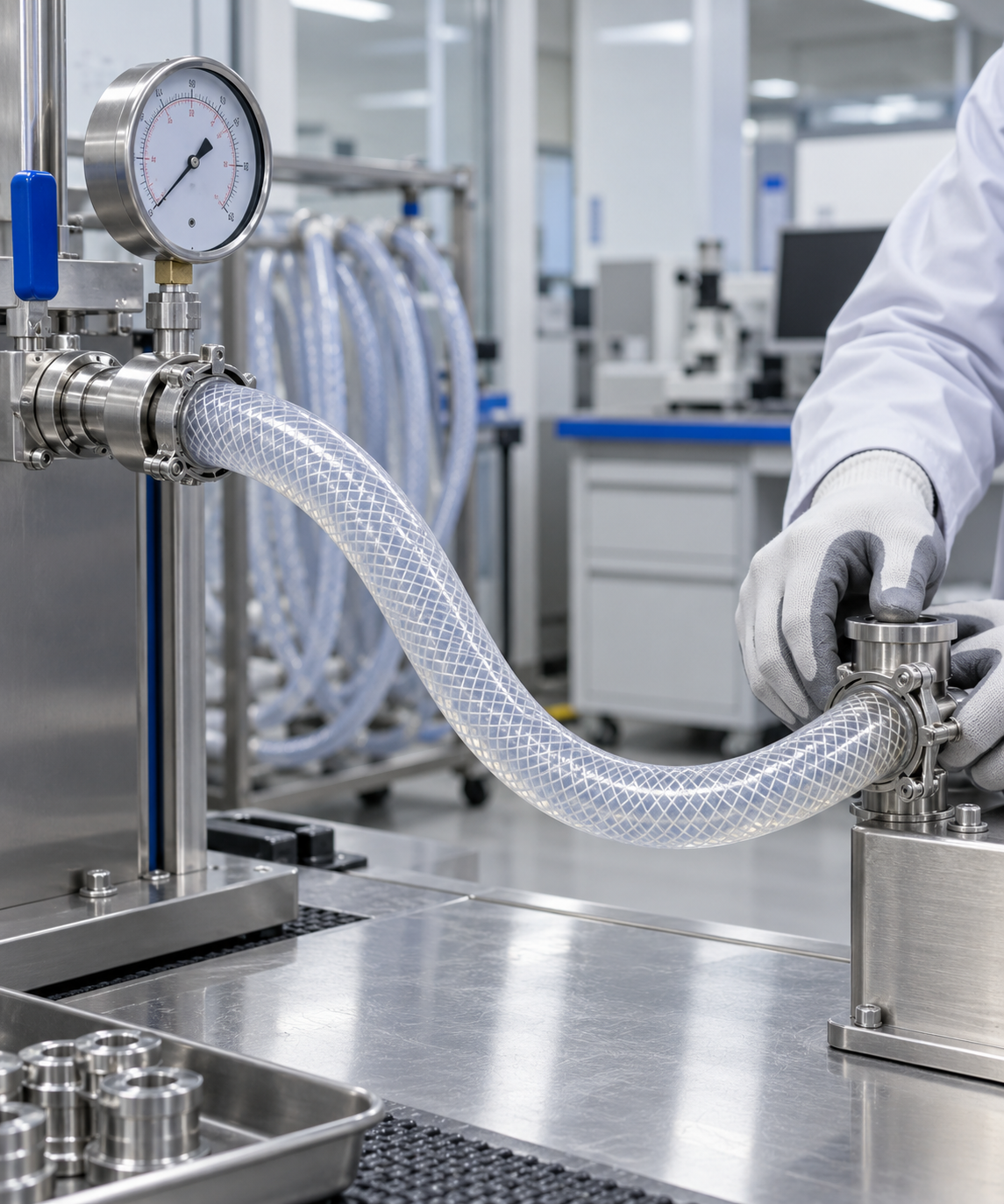 Lab technician in gloves attaches a braided hose to stainless steel equipment in a clean lab setup.