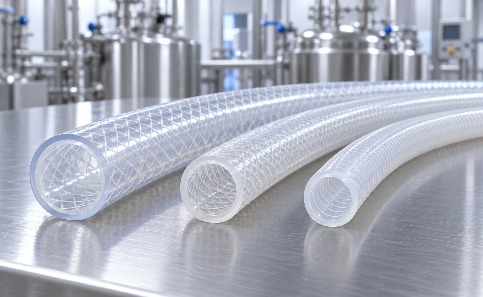 Clear braided hoses lie on a stainless steel worktable in an industrial setting, ready for use in manufacturing or processing.