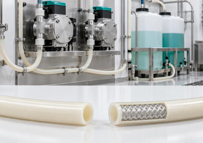 Industrial processing setup with cream-colored hoses connected to stainless pumps and tanks in a clean manufacturing environment