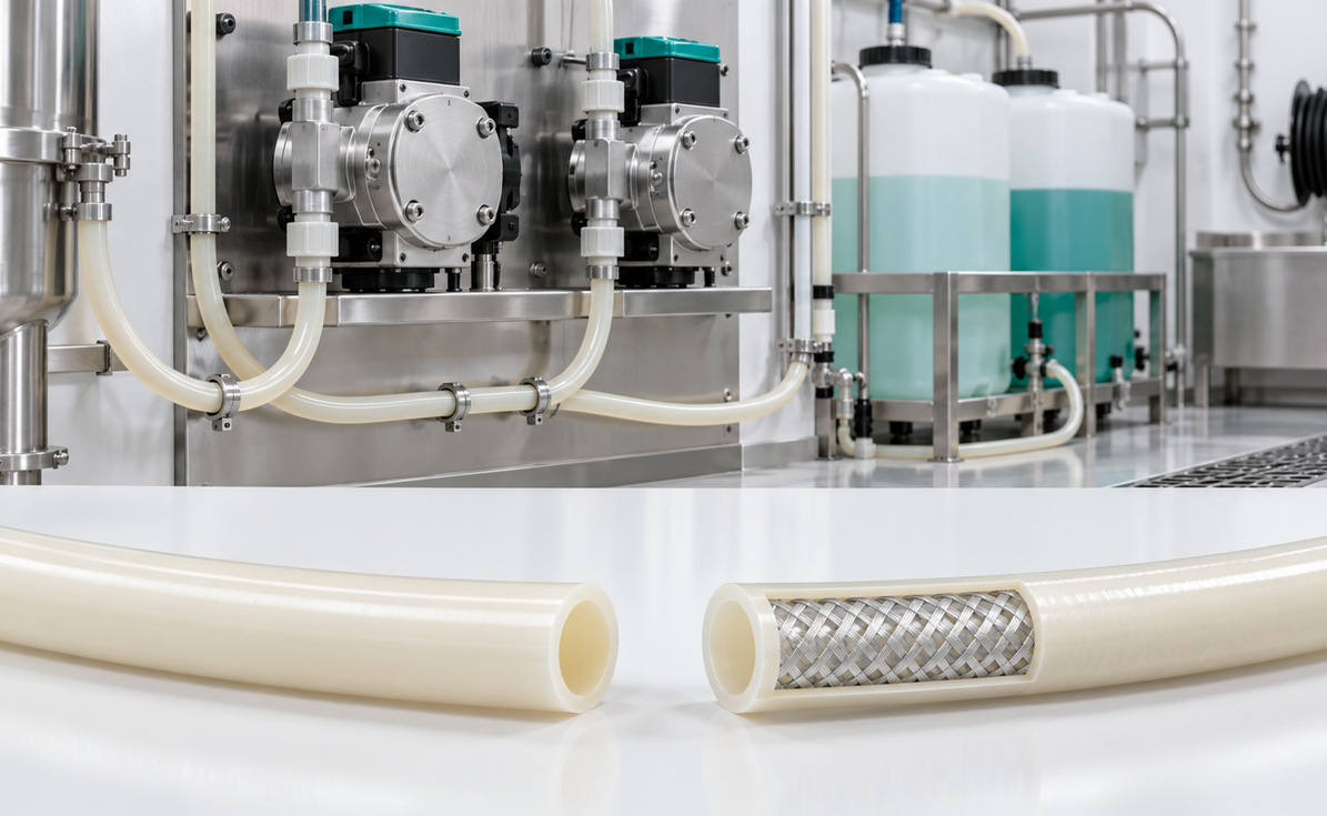 Industrial processing setup with cream-colored hoses connected to stainless pumps and tanks in a clean manufacturing environment