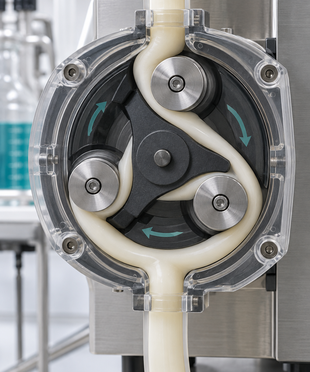 Peristaltic pump mechanism with three rollers compressing a white tubes inside a transparent housing, showing rotation arrows.