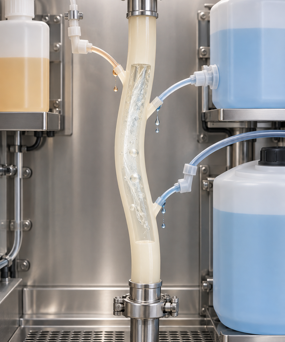 Curved clear transfer tube in a stainless steel machine with liquid droplets, connected to tan and blue reservoir containers.