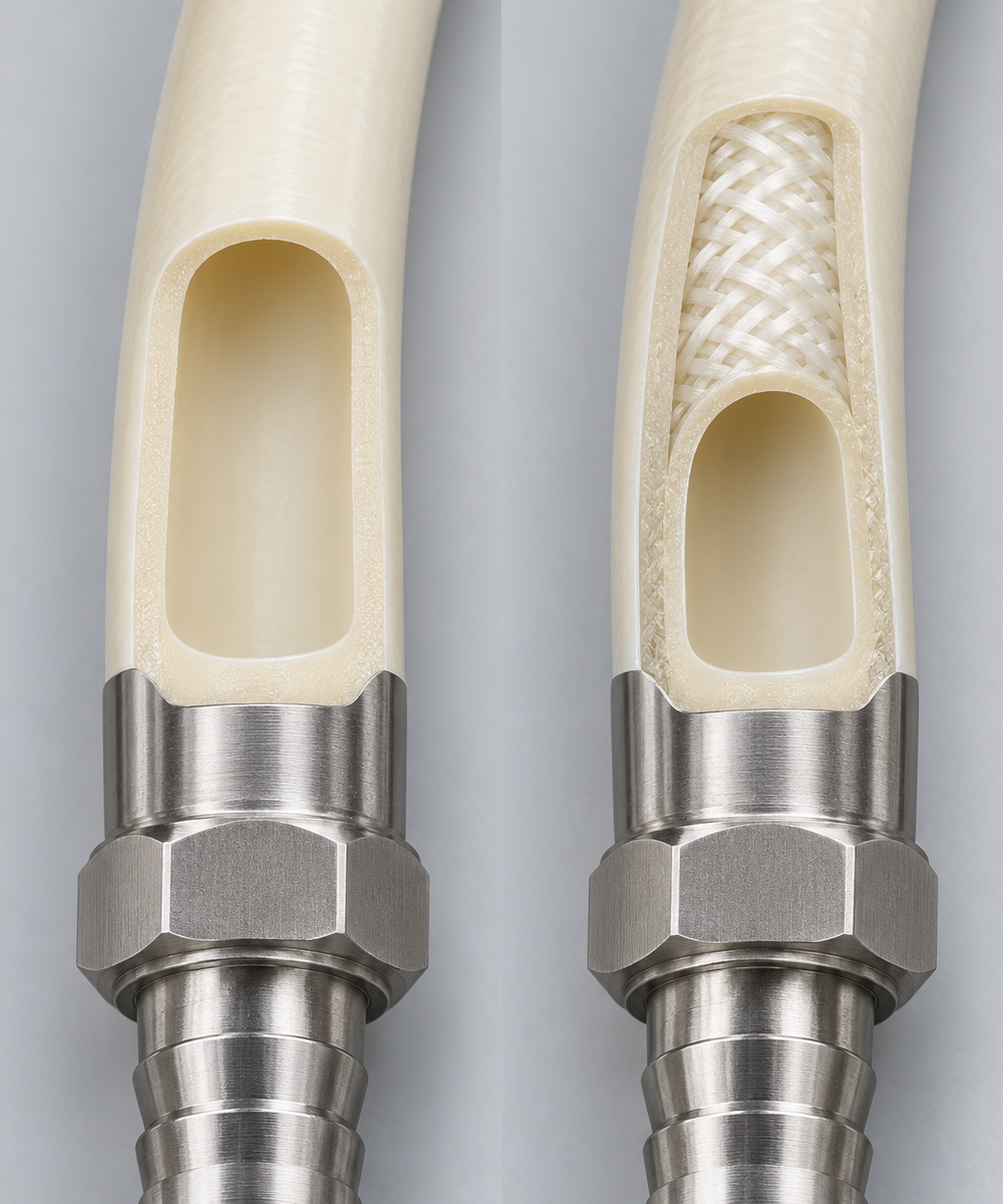 Cutaway view of two tubes with metal fittings: left shows a solid interior, right shows braided reinforcement inside the hose.