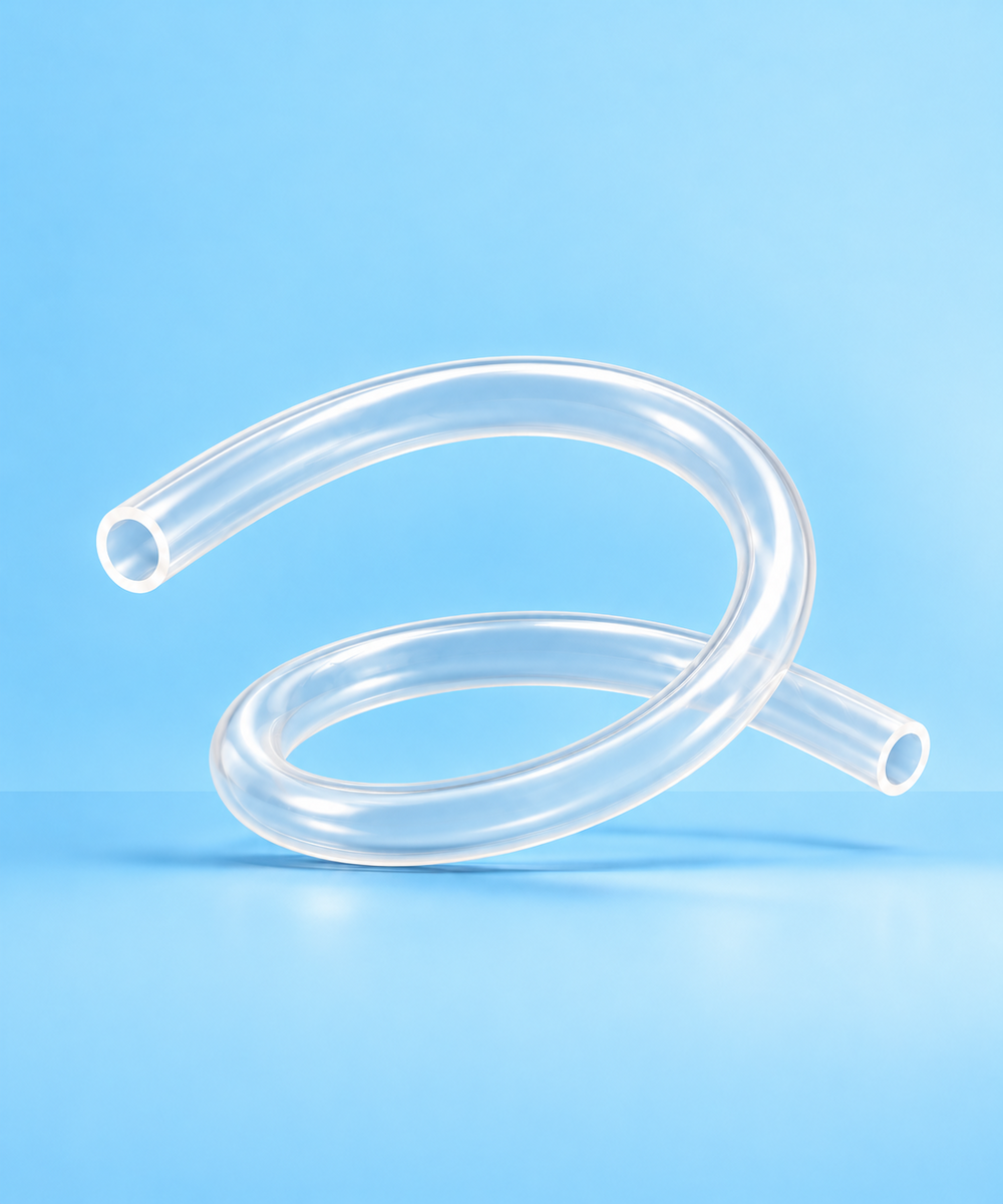 Clear flexible tubing curled into a loose spiral against a blue background.
