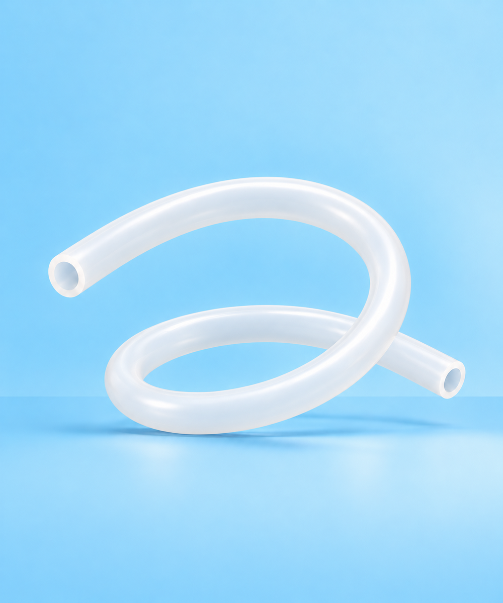 Clear flexible silicone tubing coiled on a blue background.