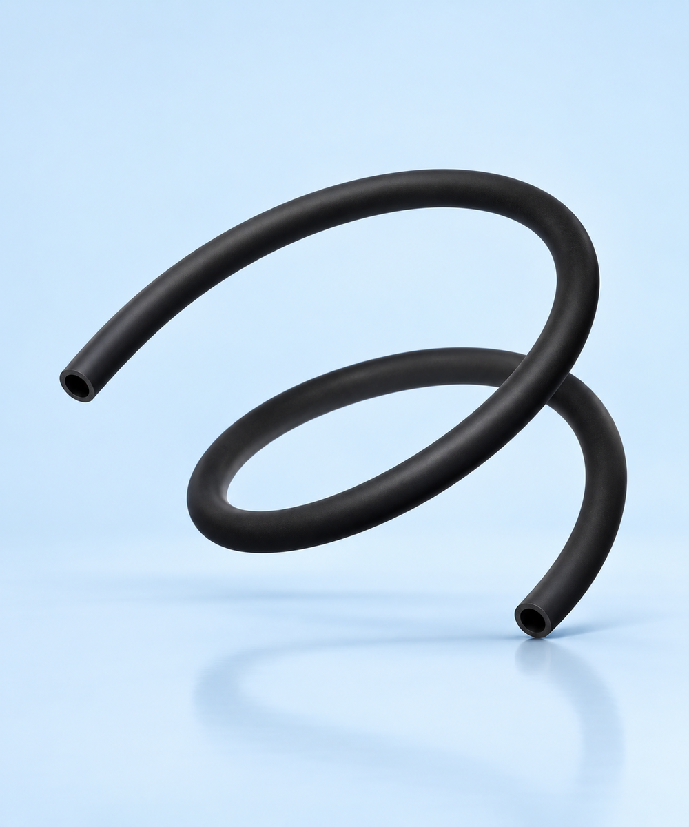 Curved black rubber hose arcing through a pale blue studio background.