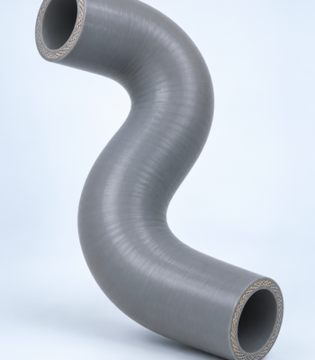 S-shaped curved metal duct pipe, hollow with reinforced ends, set against a pale sky.
