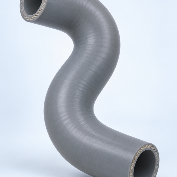 S-shaped curved metal duct pipe, hollow with reinforced ends, set against a pale sky.
