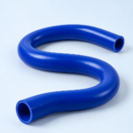 Blue flexible hose curved into a loose question mark on a light backdrop.