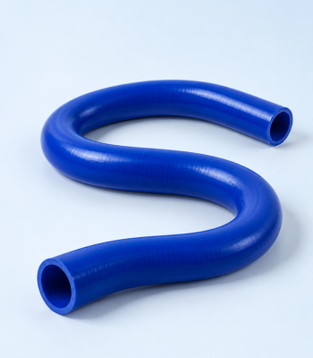 Blue flexible hose curved into a loose question mark on a light backdrop.