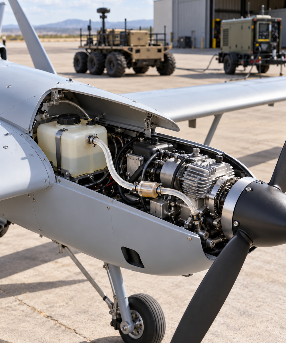 Small single-engine airplane with the engine exposed under an open cowling, propeller visible, on a tarmac with maintenance equipment in the background.