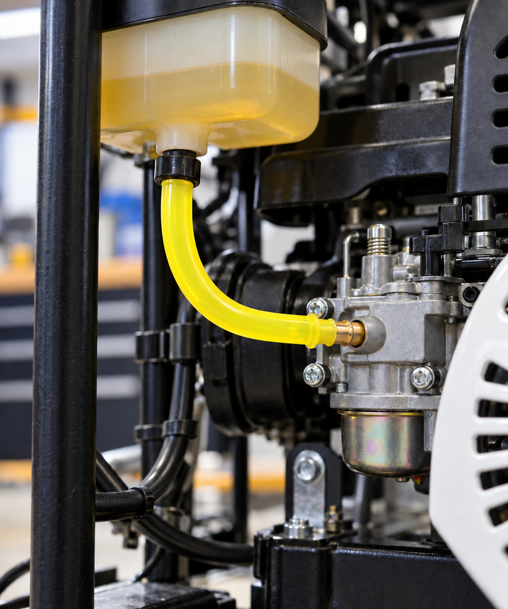 Close-up of a yellow fuel line connecting a translucent reservoir to a carburetor on a small engine and frame.