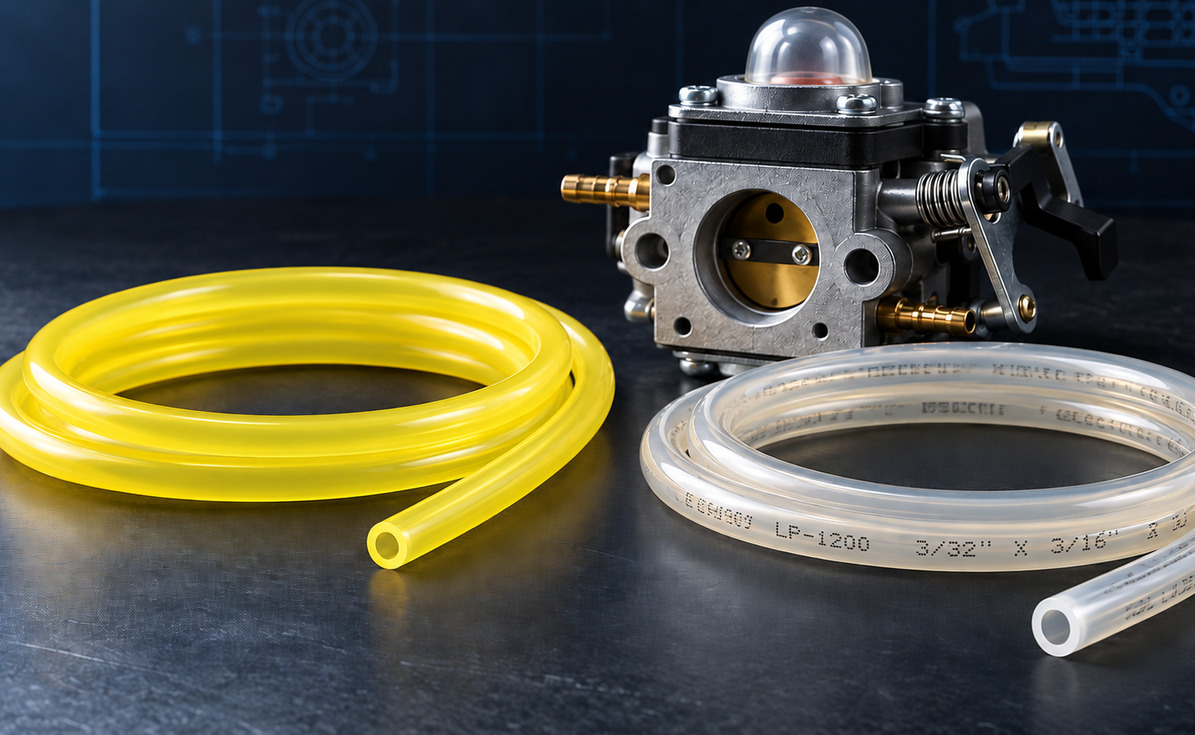 Carburetor with yellow and clear fuel hoses on a dark workshop table surface.