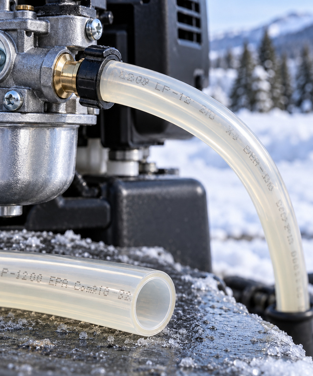 Close-up of a translucent hose connected to a metal valve on a machine, with snow and blurred trees in the background.